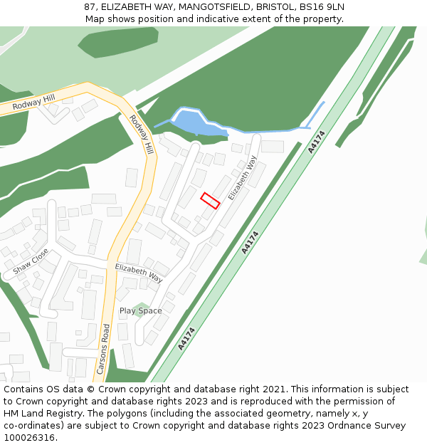 87, ELIZABETH WAY, MANGOTSFIELD, BRISTOL, BS16 9LN: Location map and indicative extent of plot