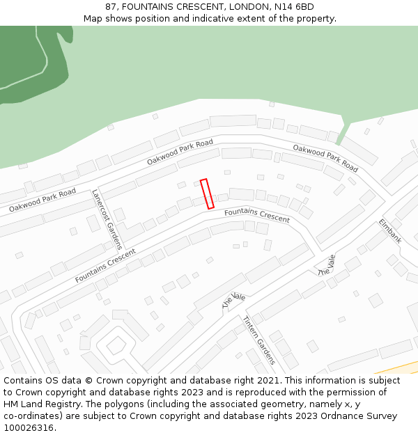 87, FOUNTAINS CRESCENT, LONDON, N14 6BD: Location map and indicative extent of plot