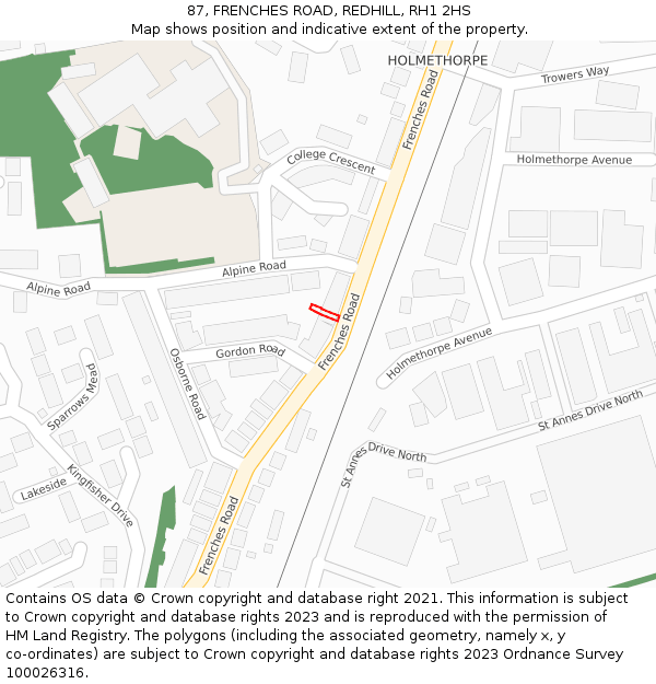 87, FRENCHES ROAD, REDHILL, RH1 2HS: Location map and indicative extent of plot