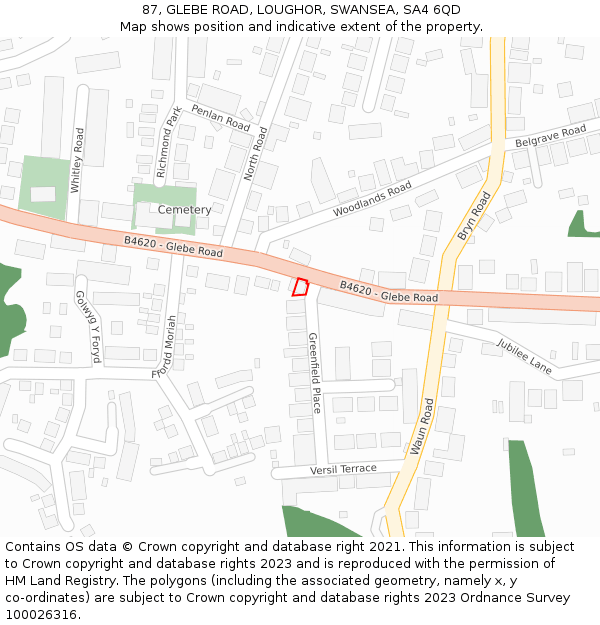 87, GLEBE ROAD, LOUGHOR, SWANSEA, SA4 6QD: Location map and indicative extent of plot