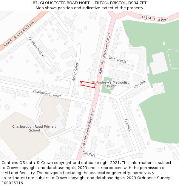 87, GLOUCESTER ROAD NORTH, FILTON, BRISTOL, BS34 7PT: Location map and indicative extent of plot