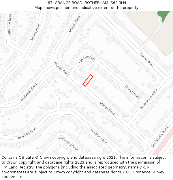 87, GRANGE ROAD, ROTHERHAM, S60 3LN: Location map and indicative extent of plot