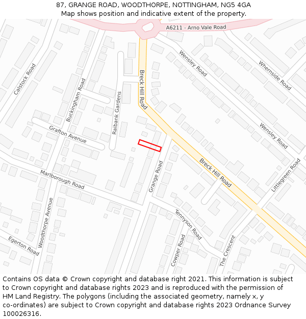 87, GRANGE ROAD, WOODTHORPE, NOTTINGHAM, NG5 4GA: Location map and indicative extent of plot