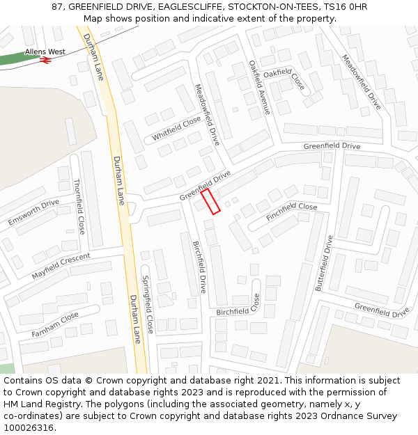 87, GREENFIELD DRIVE, EAGLESCLIFFE, STOCKTON-ON-TEES, TS16 0HR: Location map and indicative extent of plot