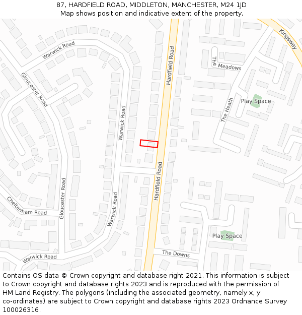 87, HARDFIELD ROAD, MIDDLETON, MANCHESTER, M24 1JD: Location map and indicative extent of plot