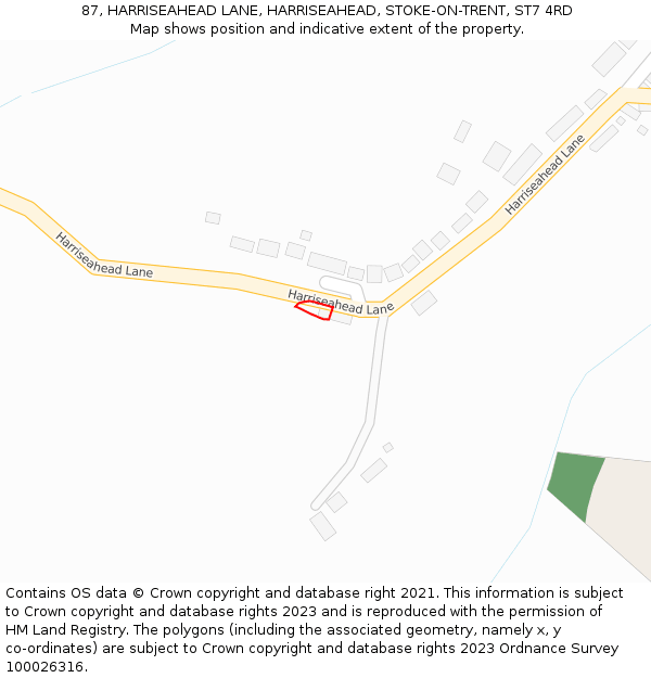 87, HARRISEAHEAD LANE, HARRISEAHEAD, STOKE-ON-TRENT, ST7 4RD: Location map and indicative extent of plot