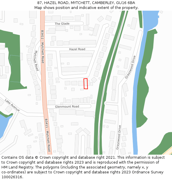 87, HAZEL ROAD, MYTCHETT, CAMBERLEY, GU16 6BA: Location map and indicative extent of plot
