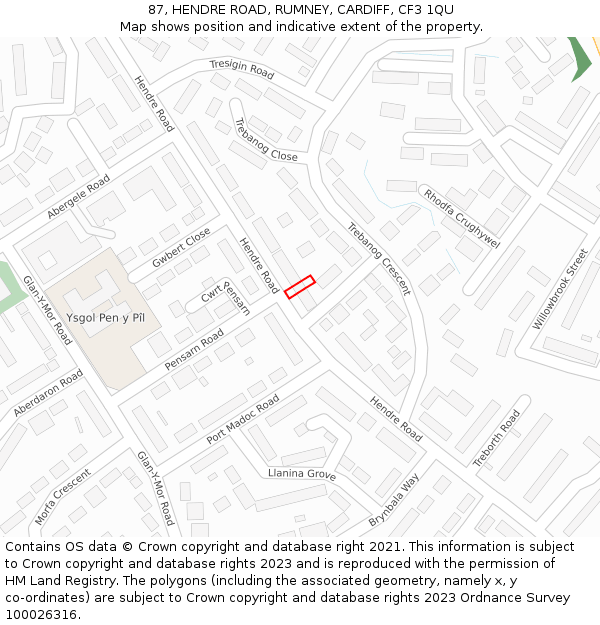 87, HENDRE ROAD, RUMNEY, CARDIFF, CF3 1QU: Location map and indicative extent of plot