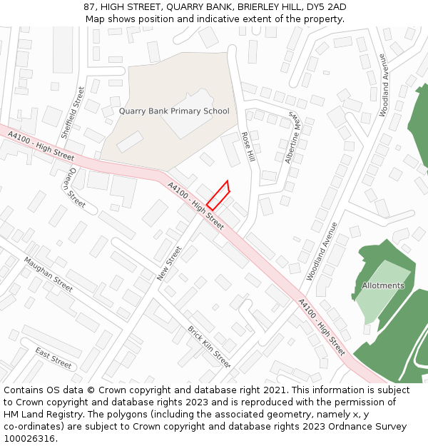 87, HIGH STREET, QUARRY BANK, BRIERLEY HILL, DY5 2AD: Location map and indicative extent of plot