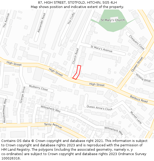 87, HIGH STREET, STOTFOLD, HITCHIN, SG5 4LH: Location map and indicative extent of plot