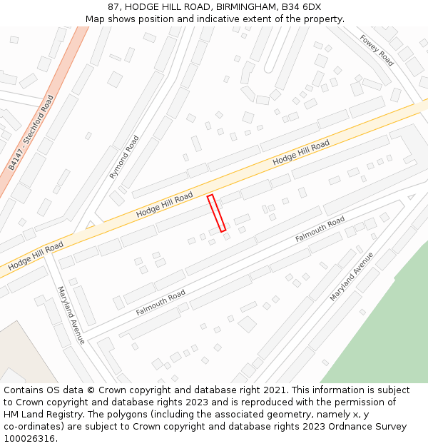 87, HODGE HILL ROAD, BIRMINGHAM, B34 6DX: Location map and indicative extent of plot