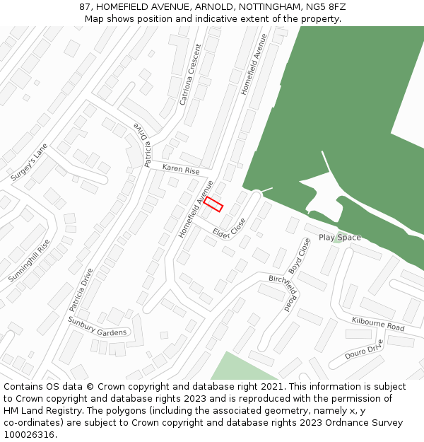 87, HOMEFIELD AVENUE, ARNOLD, NOTTINGHAM, NG5 8FZ: Location map and indicative extent of plot