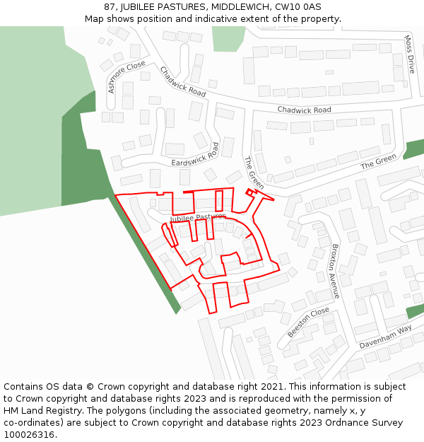 87, JUBILEE PASTURES, MIDDLEWICH, CW10 0AS: Location map and indicative extent of plot