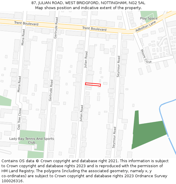 87, JULIAN ROAD, WEST BRIDGFORD, NOTTINGHAM, NG2 5AL: Location map and indicative extent of plot