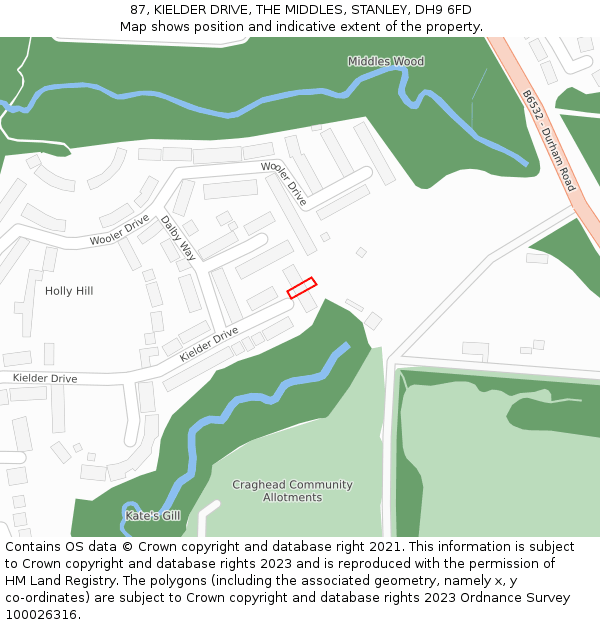 87, KIELDER DRIVE, THE MIDDLES, STANLEY, DH9 6FD: Location map and indicative extent of plot