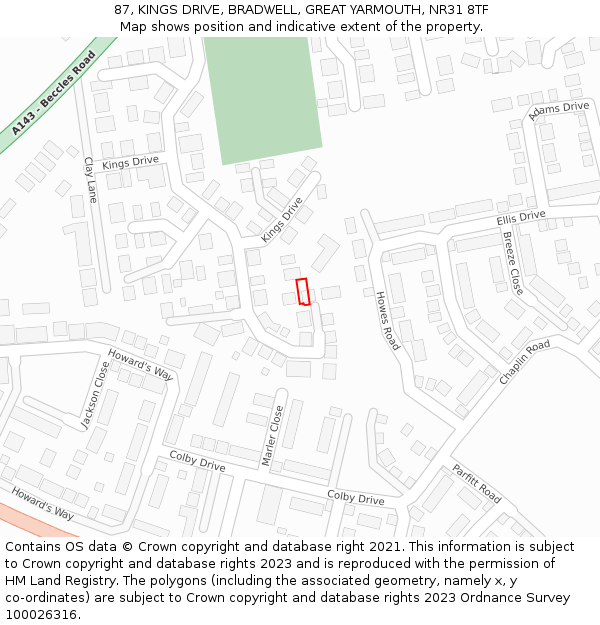 87, KINGS DRIVE, BRADWELL, GREAT YARMOUTH, NR31 8TF: Location map and indicative extent of plot