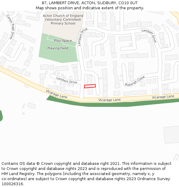 87, LAMBERT DRIVE, ACTON, SUDBURY, CO10 0UT: Location map and indicative extent of plot