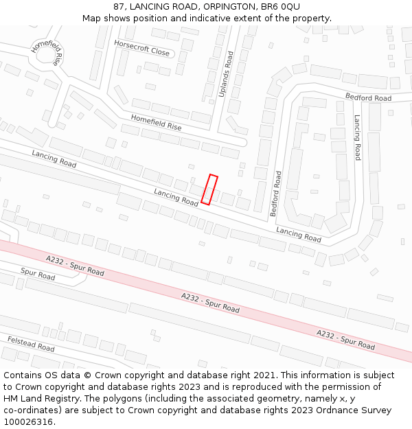 87, LANCING ROAD, ORPINGTON, BR6 0QU: Location map and indicative extent of plot