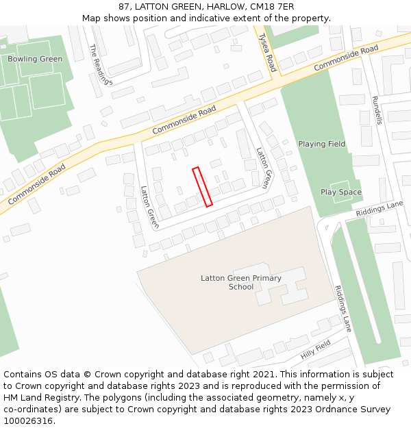 87, LATTON GREEN, HARLOW, CM18 7ER: Location map and indicative extent of plot