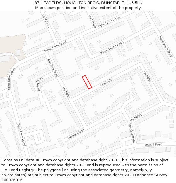 87, LEAFIELDS, HOUGHTON REGIS, DUNSTABLE, LU5 5LU: Location map and indicative extent of plot