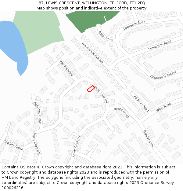 87, LEWIS CRESCENT, WELLINGTON, TELFORD, TF1 2FQ: Location map and indicative extent of plot