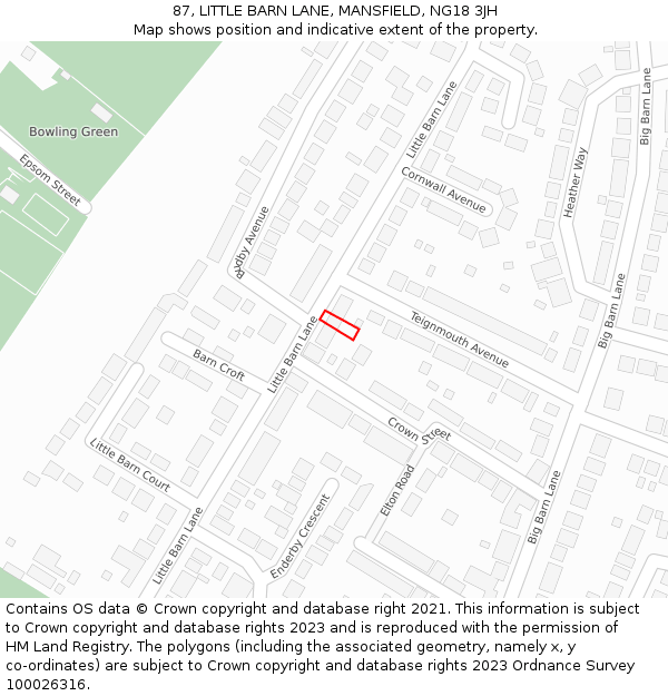 87, LITTLE BARN LANE, MANSFIELD, NG18 3JH: Location map and indicative extent of plot