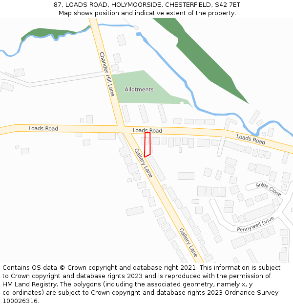 87, LOADS ROAD, HOLYMOORSIDE, CHESTERFIELD, S42 7ET: Location map and indicative extent of plot