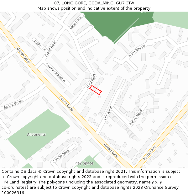 87, LONG GORE, GODALMING, GU7 3TW: Location map and indicative extent of plot