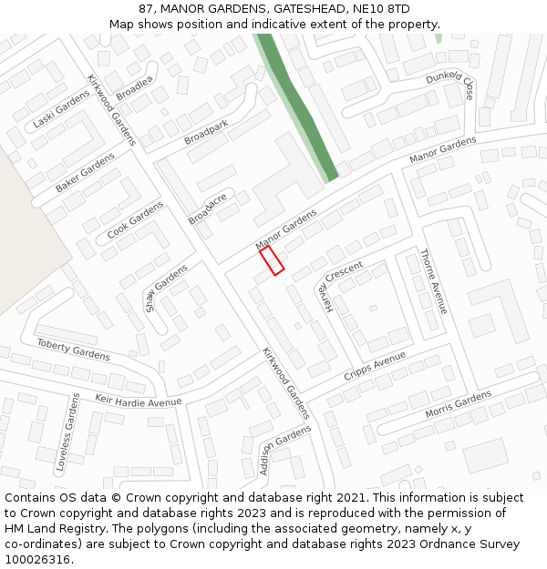 87, MANOR GARDENS, GATESHEAD, NE10 8TD: Location map and indicative extent of plot