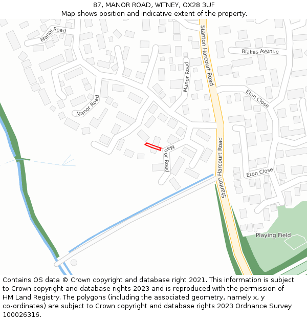 87, MANOR ROAD, WITNEY, OX28 3UF: Location map and indicative extent of plot