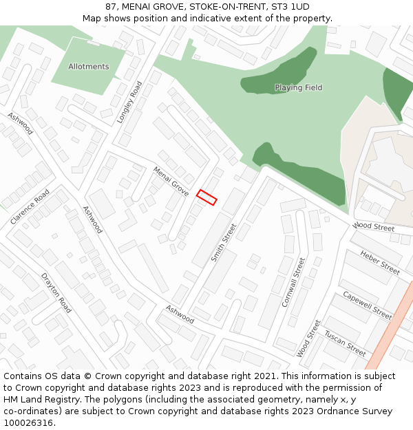 87, MENAI GROVE, STOKE-ON-TRENT, ST3 1UD: Location map and indicative extent of plot