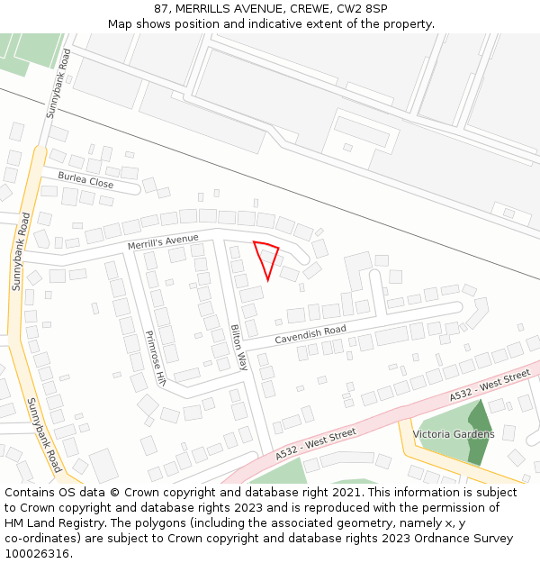 87, MERRILLS AVENUE, CREWE, CW2 8SP: Location map and indicative extent of plot