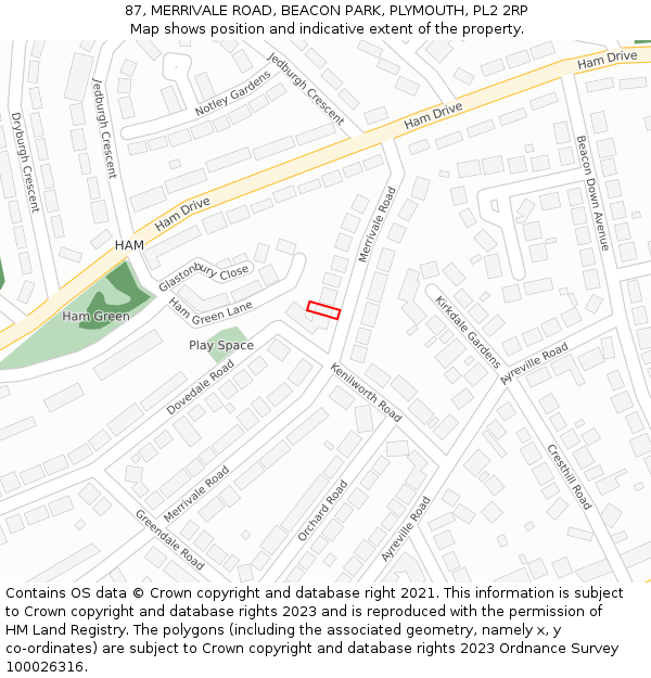 87, MERRIVALE ROAD, BEACON PARK, PLYMOUTH, PL2 2RP: Location map and indicative extent of plot