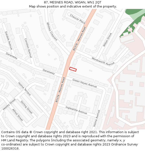87, MESNES ROAD, WIGAN, WN1 2QT: Location map and indicative extent of plot