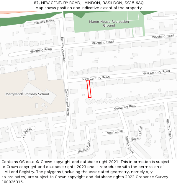 87, NEW CENTURY ROAD, LAINDON, BASILDON, SS15 6AQ: Location map and indicative extent of plot