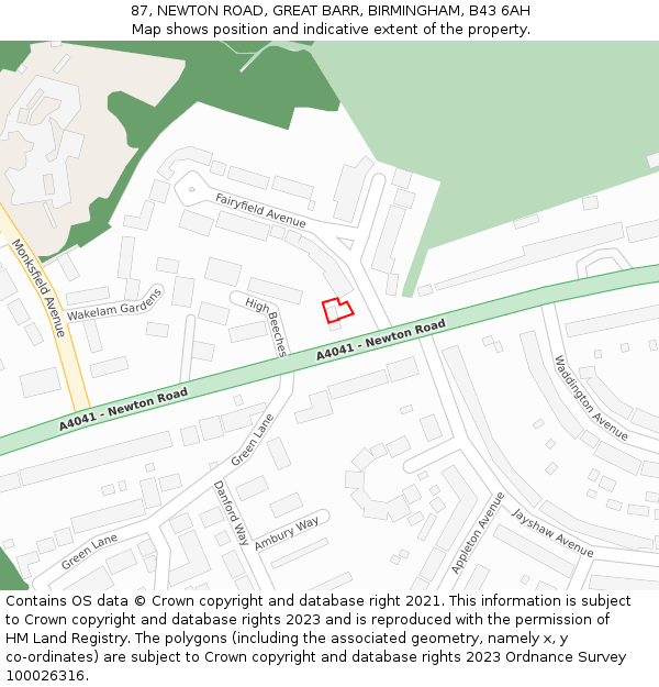 87, NEWTON ROAD, GREAT BARR, BIRMINGHAM, B43 6AH: Location map and indicative extent of plot