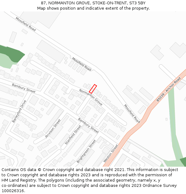 87, NORMANTON GROVE, STOKE-ON-TRENT, ST3 5BY: Location map and indicative extent of plot