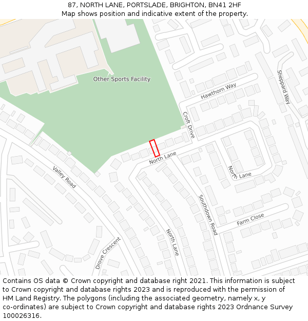 87, NORTH LANE, PORTSLADE, BRIGHTON, BN41 2HF: Location map and indicative extent of plot