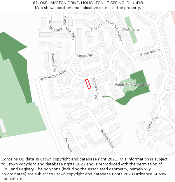 87, OKEHAMPTON DRIVE, HOUGHTON LE SPRING, DH4 4YB: Location map and indicative extent of plot