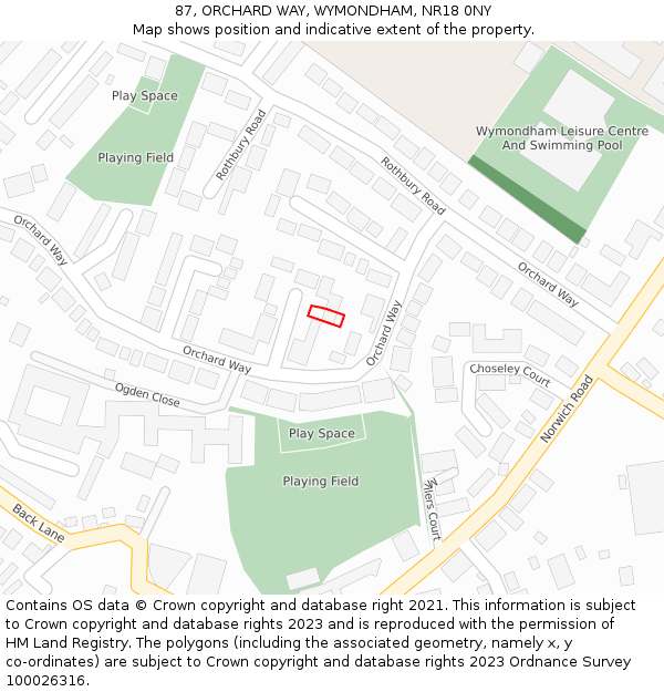 87, ORCHARD WAY, WYMONDHAM, NR18 0NY: Location map and indicative extent of plot