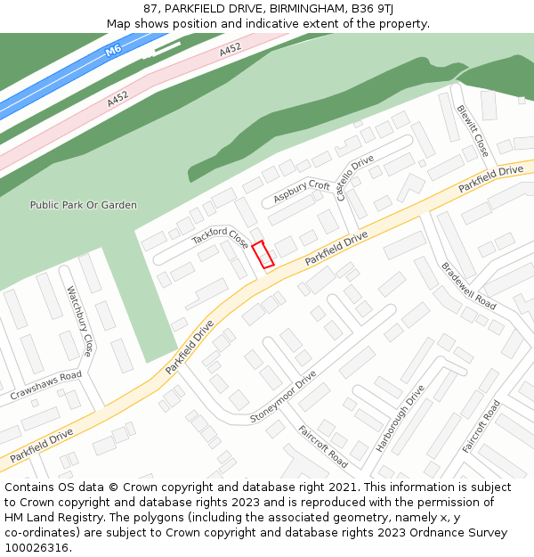 87, PARKFIELD DRIVE, BIRMINGHAM, B36 9TJ: Location map and indicative extent of plot