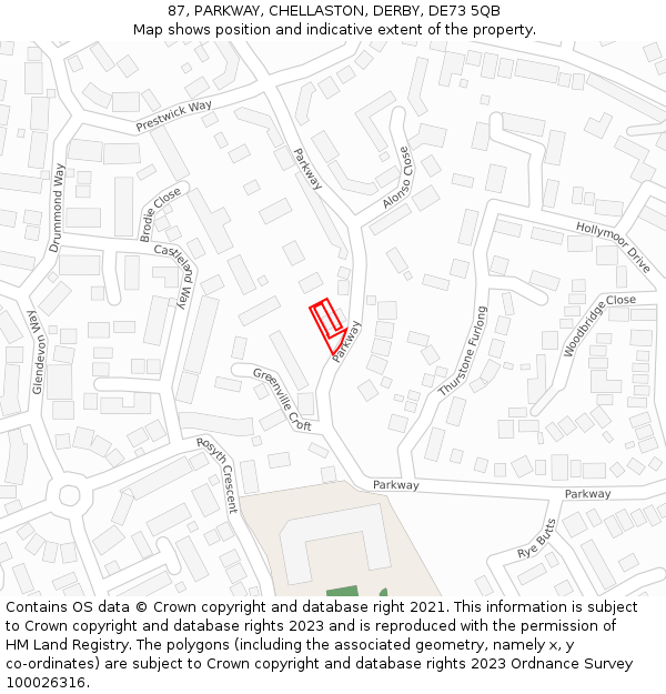 87, PARKWAY, CHELLASTON, DERBY, DE73 5QB: Location map and indicative extent of plot