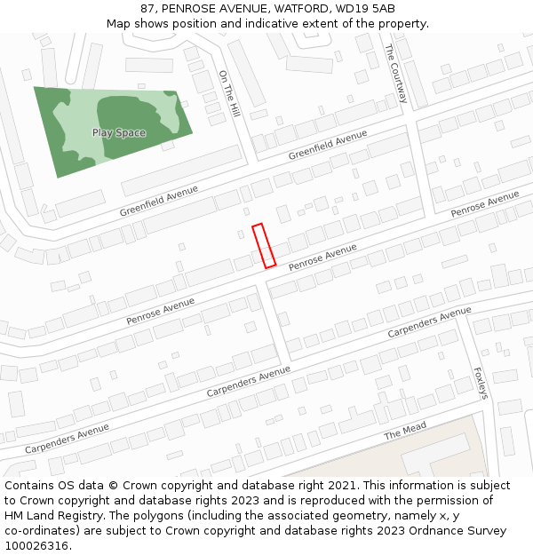 87, PENROSE AVENUE, WATFORD, WD19 5AB: Location map and indicative extent of plot