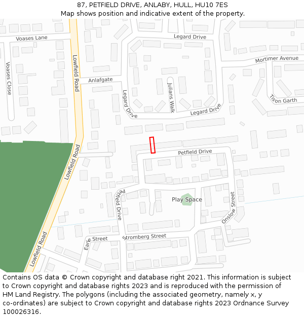 87, PETFIELD DRIVE, ANLABY, HULL, HU10 7ES: Location map and indicative extent of plot