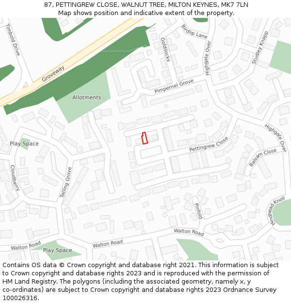 87, PETTINGREW CLOSE, WALNUT TREE, MILTON KEYNES, MK7 7LN: Location map and indicative extent of plot