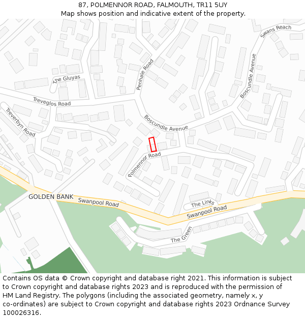 87, POLMENNOR ROAD, FALMOUTH, TR11 5UY: Location map and indicative extent of plot