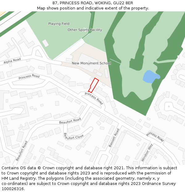 87, PRINCESS ROAD, WOKING, GU22 8ER: Location map and indicative extent of plot