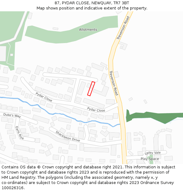 87, PYDAR CLOSE, NEWQUAY, TR7 3BT: Location map and indicative extent of plot