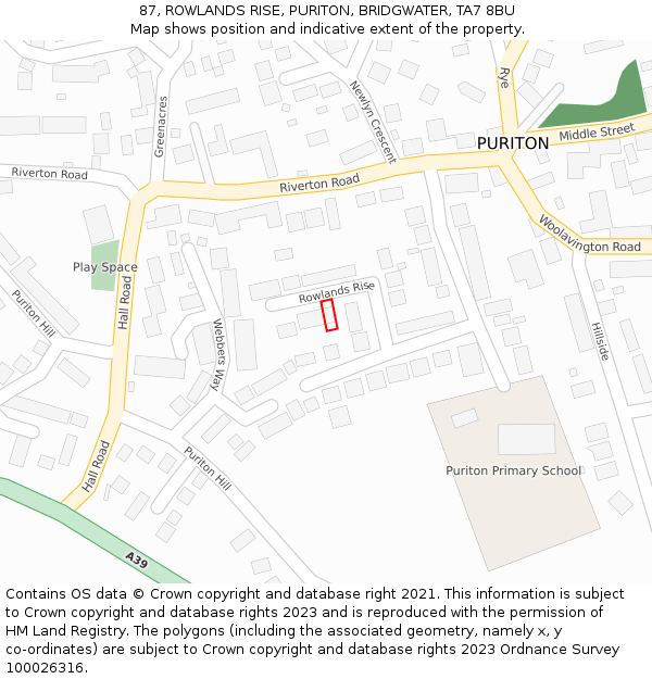 87, ROWLANDS RISE, PURITON, BRIDGWATER, TA7 8BU: Location map and indicative extent of plot