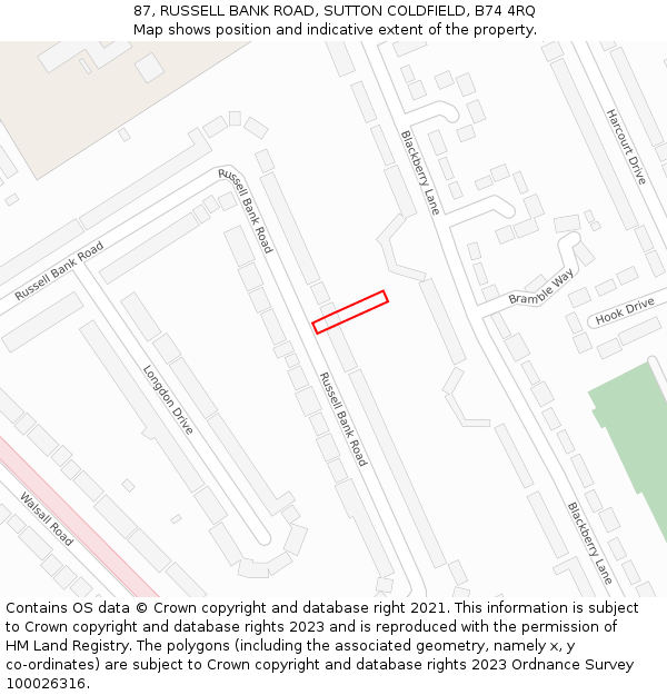 87, RUSSELL BANK ROAD, SUTTON COLDFIELD, B74 4RQ: Location map and indicative extent of plot